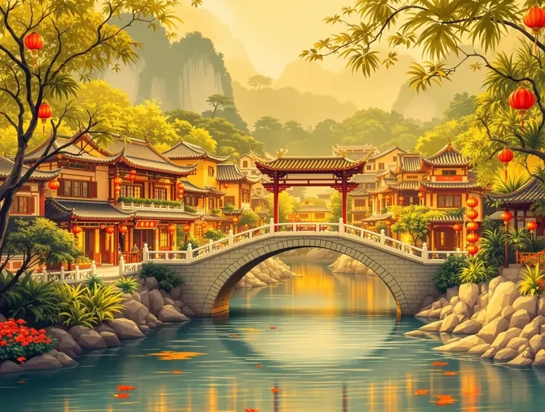 古镇红灯笼石桥